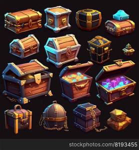 wooden game treasure chest ai generated. old wood, full fantasy, lock element wooden game treasure chest illustration. wooden game treasure chest ai generated