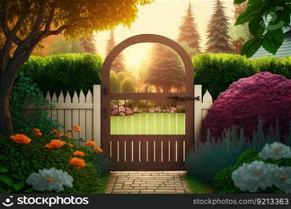 wooden gate in house in bright colors against background of garden and lawn with trees cozy backyard, created with generative ai. wooden gate in house in bright colors against background of garden and lawn with trees cozy backyard