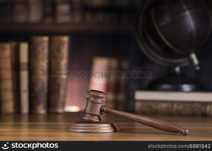 Wooden gavel and books, Law, globe concept