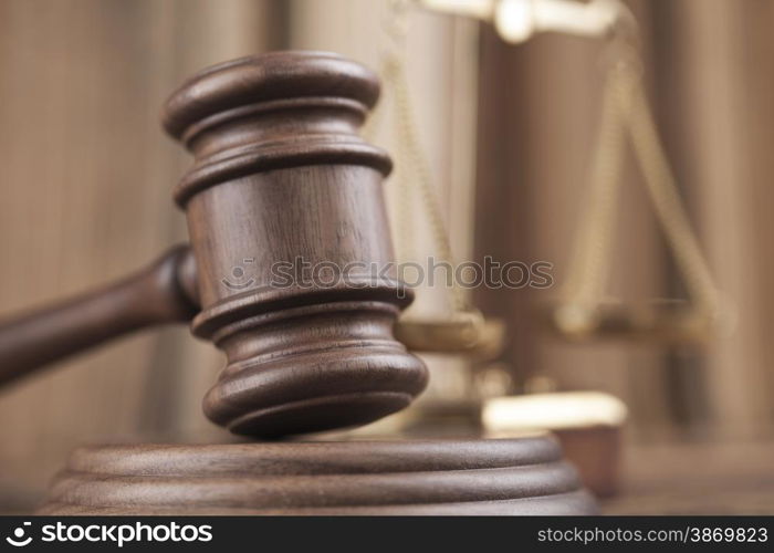 Wooden gavel barrister, justice concept, legal system