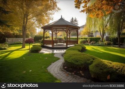 wooden gazebo and landscaping in the yard green trees and lawn generative ai.