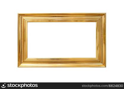 Wooden golden painted picture frame, isolated on white. With clipping path.. Wooden painted picture frame