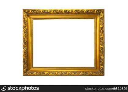Wooden golden painted picture frame, isolated on white.. Wooden painted picture frame