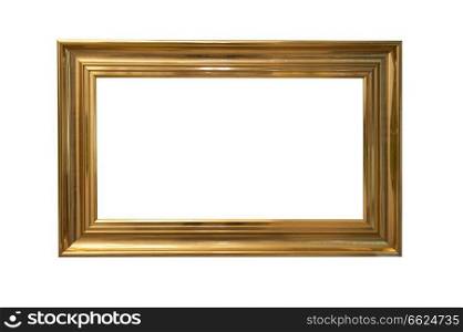 Wooden golden picture frame, isolated on white. With clipping path.. Wooden painted picture frame