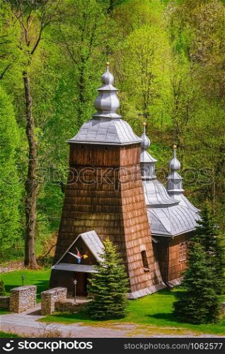 Wooden Greek Catholic church in Chyrowa, Krosno County, Poland. Greek Catholic church
