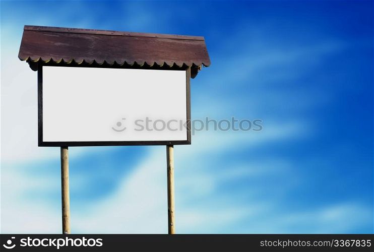 Wooden hand made sign on cloud background.
