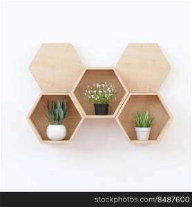 wooden Hexagon shelf copy space for mock up, Japanese style, for Kid room ,isolated background