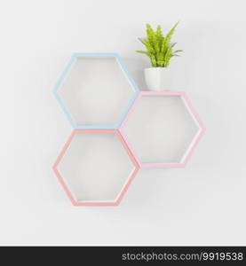 wooden Hexagon shelf copy space for mock up, Japanese style, Pastel for Kid room ,isolated background