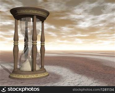 Wooden hourglass by brown sunset - 3D render. Hourglass - 3D render