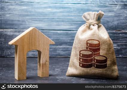 Wooden house and a money bag. Home purchase, investment in real estate construction. Mortgage loan. House project development. Rental business. Realtor services. Generating income through rent or sale