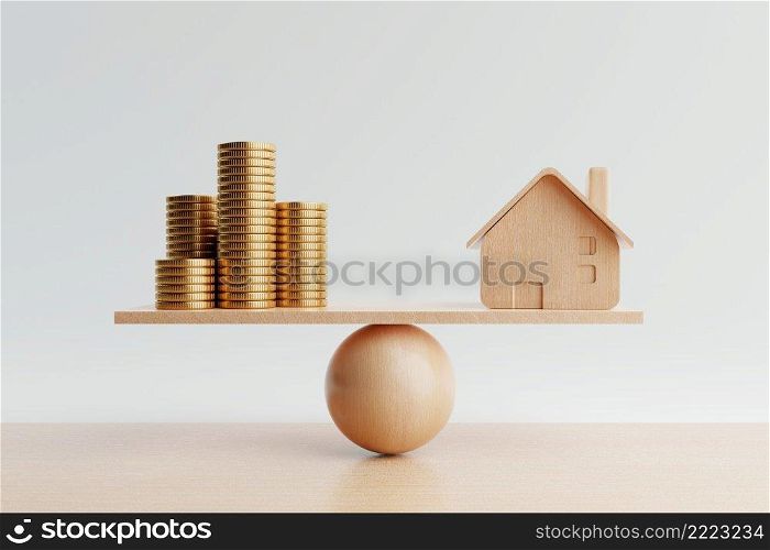 Wooden house and golden coin on balancing scale on white background. Real estate business mortgage investment and financial loan concept. Money-saving and cashflow theme. 3D illustration rendering