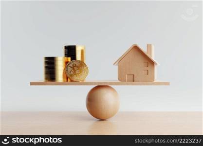 Wooden house and golden coin on balancing scale on white background. Real estate business mortgage investment and financial loan concept. Money-saving and cash flow theme. 3D illustration rendering
