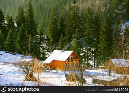 Wooden house in the Carpathians mountains village in the winter