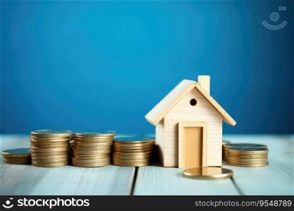 Wooden house with stack money coins on table. Investment business concept.