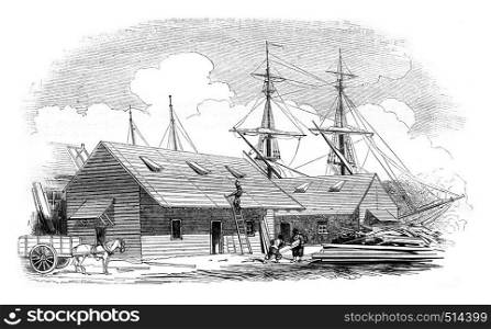 Wooden houses for Algeria, vintage engraved illustration. Magasin Pittoresque 1844.