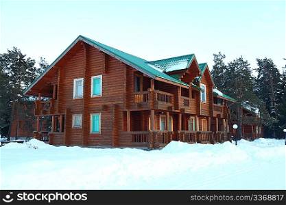 Wooden houses in winter forest