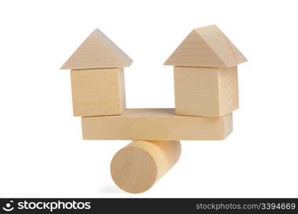 Wooden houses on abstract scales. It is isolated on a white background