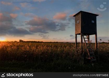 Wooden hunter tower high seat. Raised shed hunting.