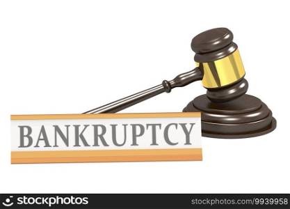 Wooden judge gavel and bankruptcy banner, 3d rendering