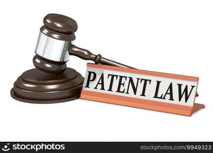Wooden judge gavel and patent law banner, 3d rendering