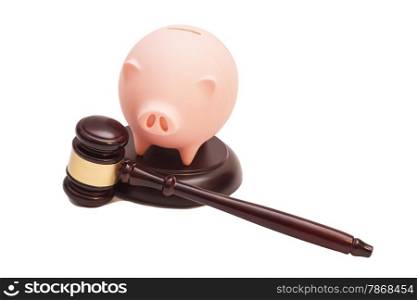 Wooden Judge Gavel And Piggy Bank on white