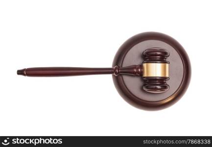 Wooden judge gavel and soundboard isolated on white background
