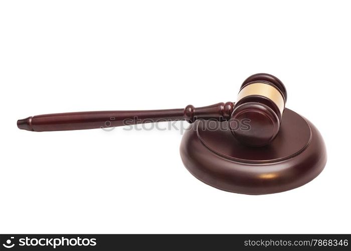 Wooden judge gavel and soundboard isolated on white background