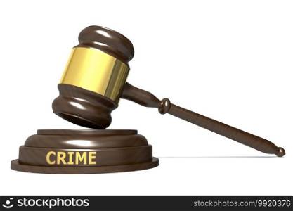 Wooden judge gavel with crime word, 3d rendering