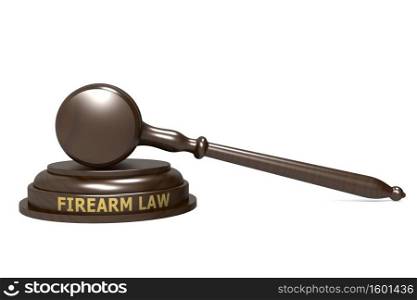 Wooden judge gavel with firearm law word, 3d rendering