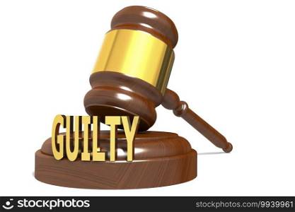 Wooden judge gavel with guilty word, 3d rendering