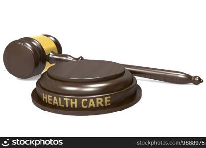 Wooden judge gavel with health care word, 3d rendering