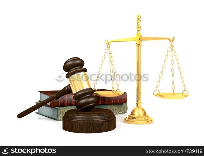 Wooden judge's gavel and golden scale and law book, 3D Rendering
