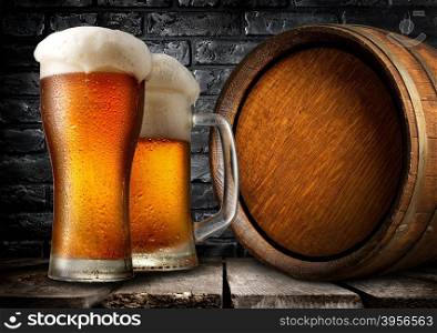 Wooden keg and beer near black brick wall