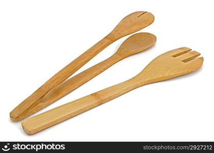 Wooden kitchen utensils for 0 teflon ware on white background