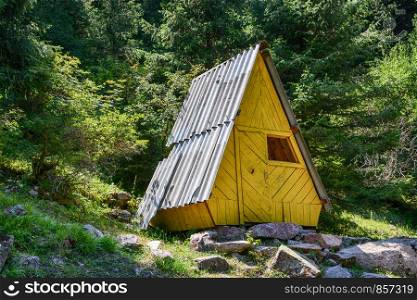 Wooden little yellow cottage in forest.