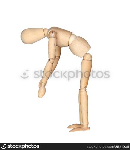 Wooden mannequin by stretching isolated on white background