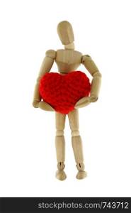 Wooden mannequin holding heart knit with yarn, isolated on white background