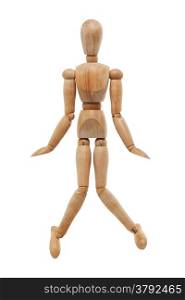 Wooden mannequin posing as toilet symbol