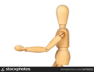 Wooden mannequin shaking hands to greet isolated on white background