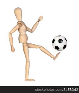 Wooden mannequin with a soccer ball isolated on white background