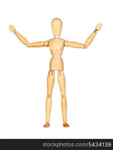 Wooden mannequin with extended arms isolated on white background
