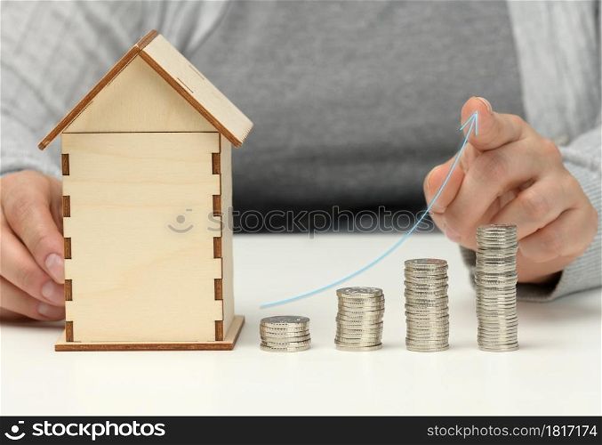 wooden model of a house, a stack of coins and an ascending graph. The man sits at the table. Higher property prices, higher rents and higher mortgage interest rates