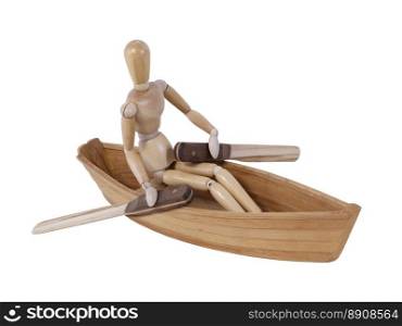 Wooden model representing a person rowing in a boat - path included