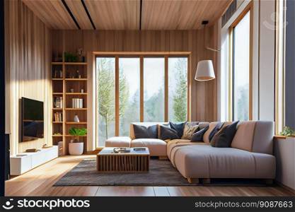 Wooden modern interior style. Generative AI 
