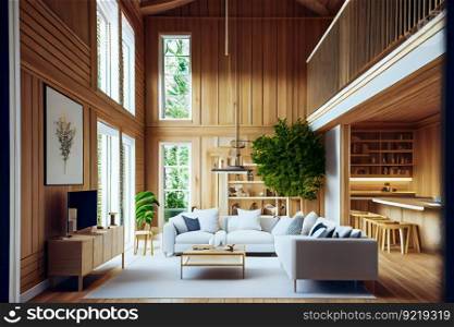 Wooden modern interior style. Generative AI
