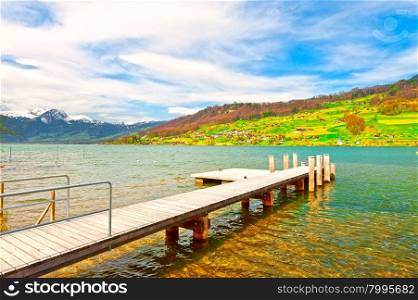 Wooden Mooring Line on the Lake Sarner in Switzerland