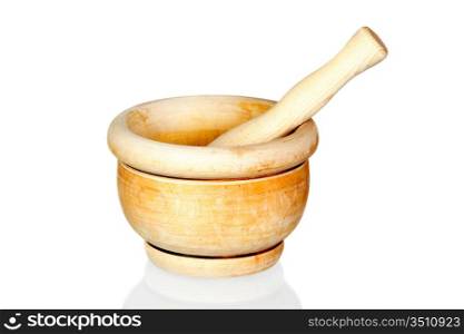 Wooden mortar isolated on white background with reflection