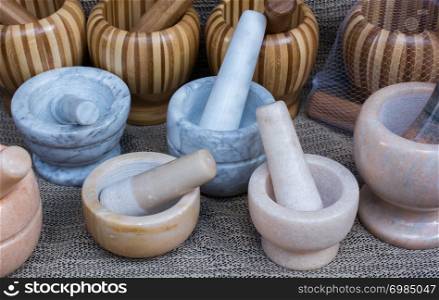 wooden mortars and pestles as a traditional kitchenware