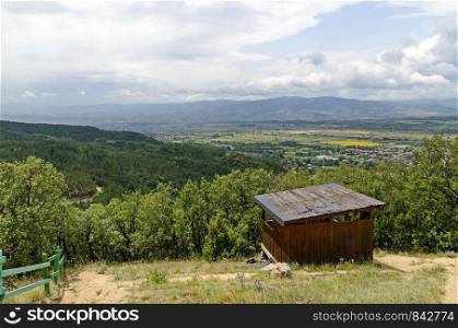 Wooden mountain shelter for rest near path toward Stob pyramids, west share of Rila mountain, Kyustendil region, Bulgaria, Europe