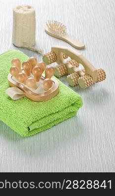 wooden objects towel and bath sponge